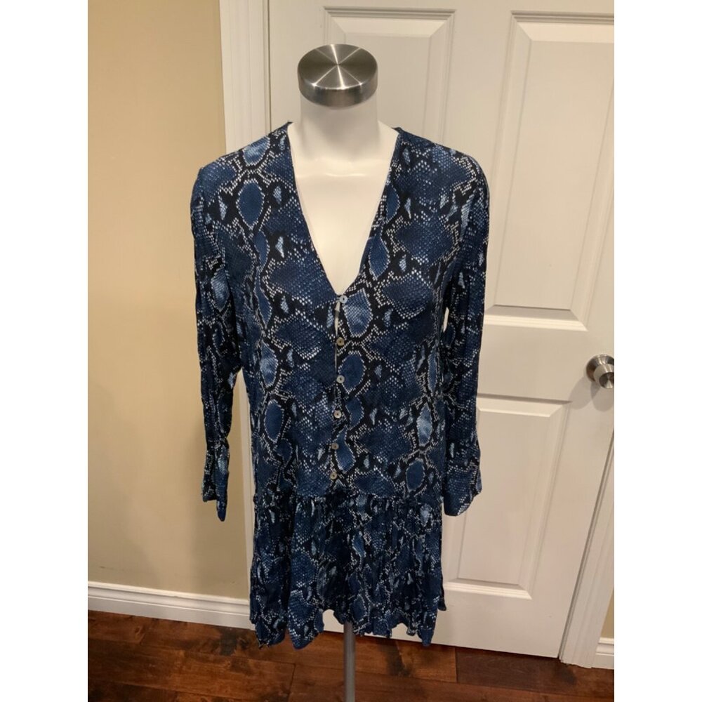 Zara Blue Snakeskin Long Sleeve Mini Dress, Size Medium